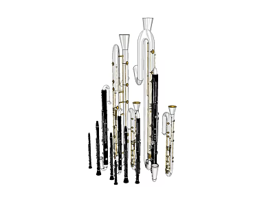 Collection of Various Musical Instruments and Art Supplies with Flutes Clarinets Oboes Brushes and Paints 3d model