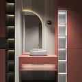 Modern Bathroom Washbasin With Circular Backlit Mirror Green Cabinet White Paneled Shelves And Marble Countertop