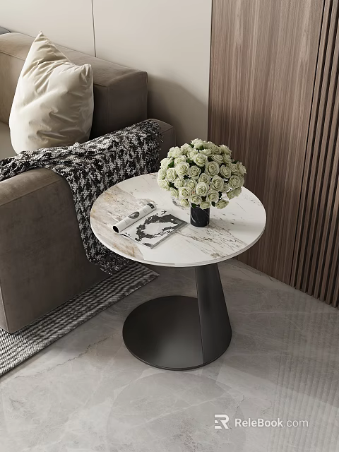Round Marble Top Side Table With Black Metal Base And White Roses In Living Room 3d model 