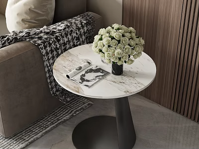 Round Marble Top Side Table With Black Metal Base And White Roses In Living Room 3d model