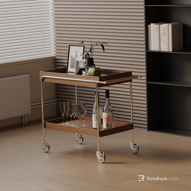 Rolling Side Cart with Wooden Shelves Holding Decorations Wine Glasses and Bottles in Modern Room 3d model 