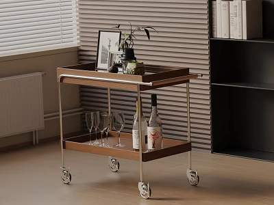 Rolling Side Cart with Wooden Shelves Holding Decorations Wine Glasses and Bottles in Modern Room 3d model