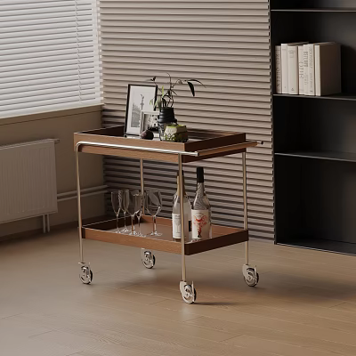 Rolling Side Cart with Wooden Shelves Holding Decorations Wine Glasses and Bottles in Modern Room 3d model