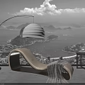 Modern Curved Lounge Chair With Plush Blanket Arc Floor Lamp Side Table And City View