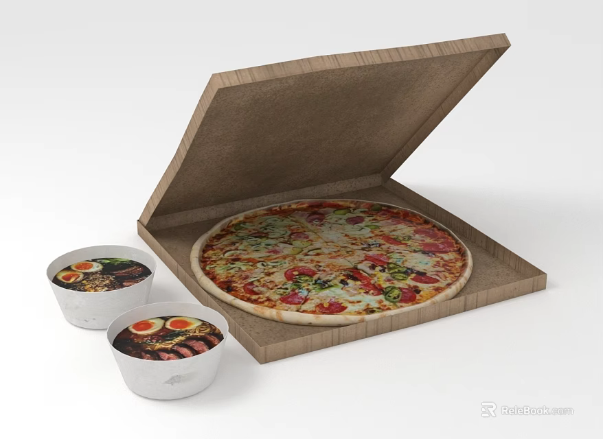 Delicious Pizza In Open Cardboard Box With Fresh Toppings And Side Dishes 3d model 