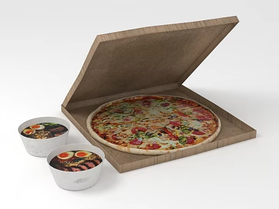 Delicious Pizza In Open Cardboard Box With Fresh Toppings And Side Dishes 3d model