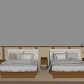 Minimalist Bedroom Interior With Two White Beds Wooden Headboards Table Lamps And Rug