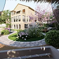 Serene Courtyard Garden with Pond Reflections Pink Flowering Tree Gazebo and Arched Window Building