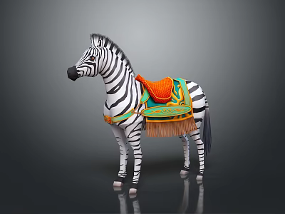 Zebra With Decorative Orange And Green Saddle Adorned With Fringed Tassels 3d model