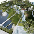 Modern Waterfront Landscape Design With Water Features Lush Greenery Winding Pathways And Sculptural Elements