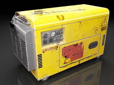 Yellow Industrial Portable Generator With Worn Appearance Control Panel Cooling Grille And Red Label 3d model