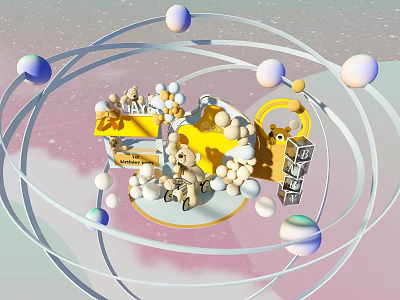 Vibrant Yellow Stage with Cartoon Characters Balloons Orbit Lines and Live Letter Blocks 3d model