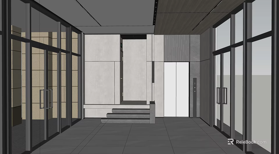 Modern Elevator Lobby Interior With Glass Doors Gray Walls Steps And Elevator Doors 3d model