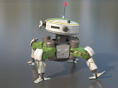Mechanical Multi Legged Green And White Weapon With Round Top And Antenna 3d model