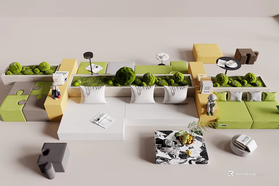 Modern Casual Sofa Set With Green Plants And Modular Colorful Modules 3d model
