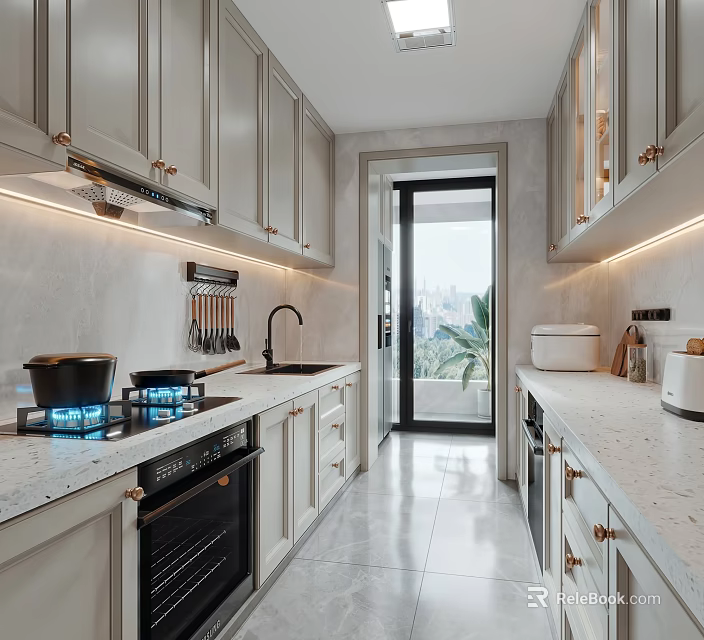 Modern Kitchen Interior with Light Cabinets Marble Countertops Gas Stove Glass Door and Greenery 3d model 
