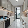 Modern Kitchen Interior with Light Cabinets Marble Countertops Gas Stove Glass Door and Greenery