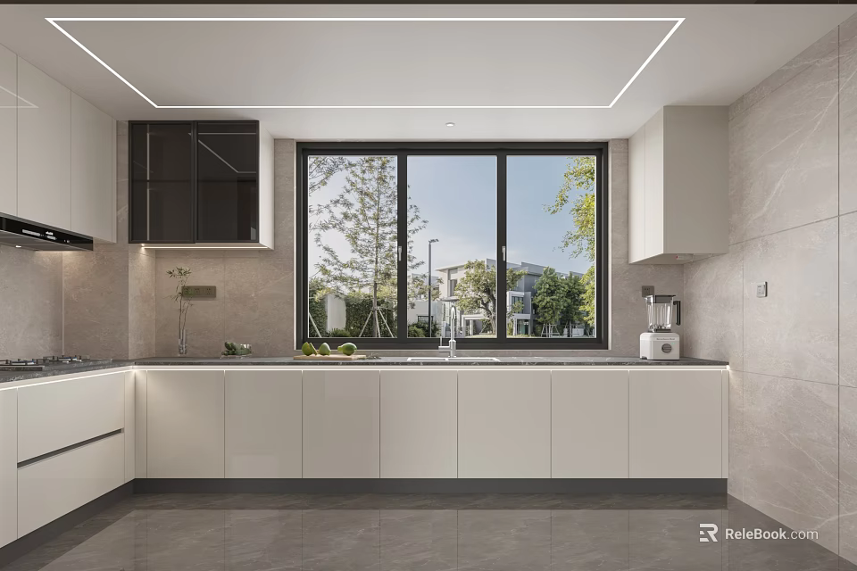 Modern Kitchen Interior With White Cabinets Large Windows And Natural Light 3d model 