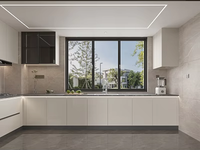 Modern Kitchen Interior With White Cabinets Large Windows And Natural Light 3d model