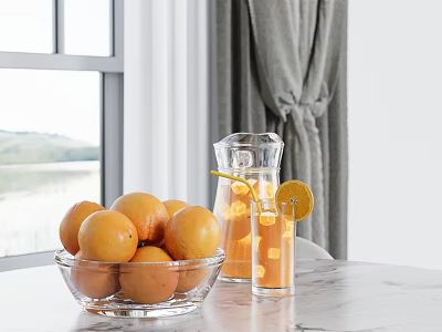 Glass Pitcher With Orange Drink And Bowl Of Oranges By Window Gray Curtains 3d model