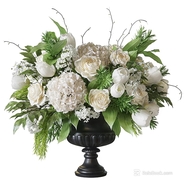 Elegant White Flower Arrangement In Black Vase With Green Leaves And Decorative Branches 3d model 