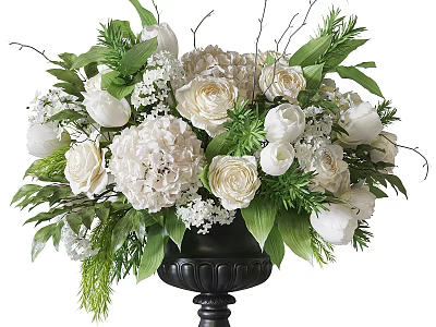 Elegant White Flower Arrangement In Black Vase With Green Leaves And Decorative Branches 3d model