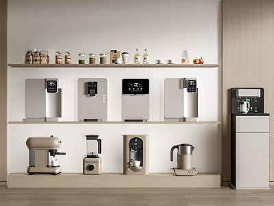 Small Home Appliances In Neutral Tones Displayed On Shelves Including Coffee Makers Blenders 3d model