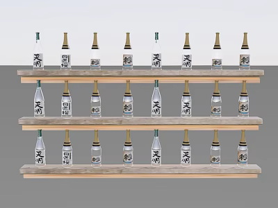 Wooden Wine Cabinet With Three Tiered Shelves And Neatly Arranged Sake Bottles 3d model