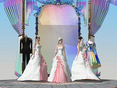 Three Women In White Pink Wedding Dresses Standing Before Colorful Decorated Arch With Clothing 3d model