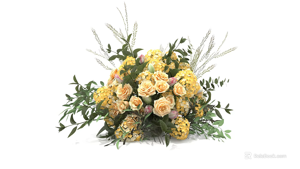 Elegant Floral Display With Yellow Flowers Cream Roses Green Leaves And Decorative Grasses 3d model 