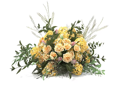 Elegant Floral Display With Yellow Flowers Cream Roses Green Leaves And Decorative Grasses 3d model