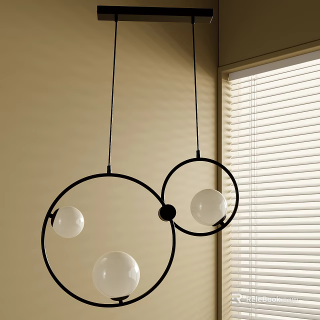 Modern Circular Chandelier with Black Rings and White Globes with Beige Wall and Window Blinds 3d model 