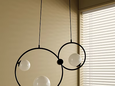 Modern Circular Chandelier with Black Rings and White Globes with Beige Wall and Window Blinds 3d model