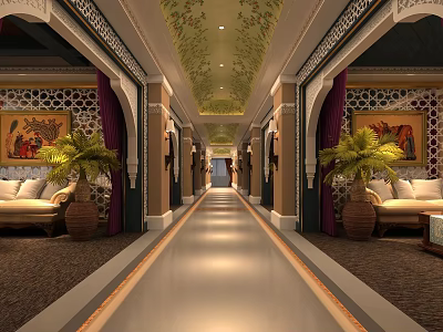 Luxury Beauty Hair Salon Corridor With Comfortable Sofa Green Plants And Decorative Paintings 3d model