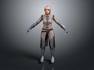 Silver Haired Female Adventurer Character Wearing Gray Coat Brown Belt And Gloves 3d model
