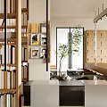 Modern Café Interior Design With Wooden Furniture Hanging Lights Window Blinds And Green Plants