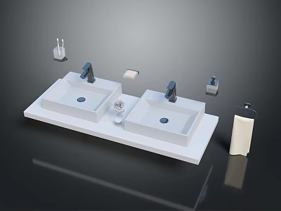 Double White Ceramic Washbasin With Modern Faucets Soap Dispenser And Bathroom Accessories 3d model