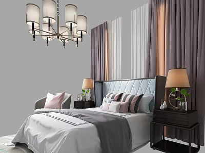 Modern Elegant Double Bed with Upholstered Headboard Striped Pillows Nightstands Table Lamps Chandelier and Curtains 3d model