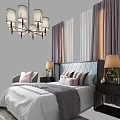 Modern Elegant Double Bed with Upholstered Headboard Striped Pillows Nightstands Table Lamps Chandelier and Curtains