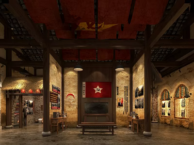 Historical Themed Interior With Red Flag Brick Walls Wooden Structure And Wall Posters 3d model