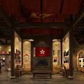 Historical Themed Interior With Red Flag Brick Walls Wooden Structure And Wall Posters