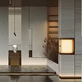 Modern Elegant Entryway Hallway With Marble Walls Wooden Grilles Metal Accents Pendant Light Mirror Decor