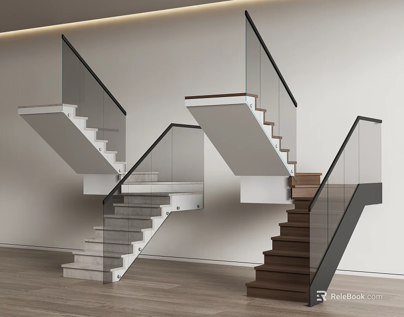 Modern Stairs With Glass Railings And White Wooden Steps In Interior 3d model 