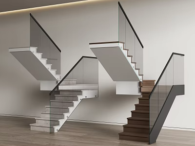 Modern Stairs With Glass Railings And White Wooden Steps In Interior 3d model