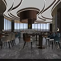 Luxury Modern Restaurant Interior With Marble Flooring Circular Chandelier Large Windows Open Layout Dining Tables Chairs