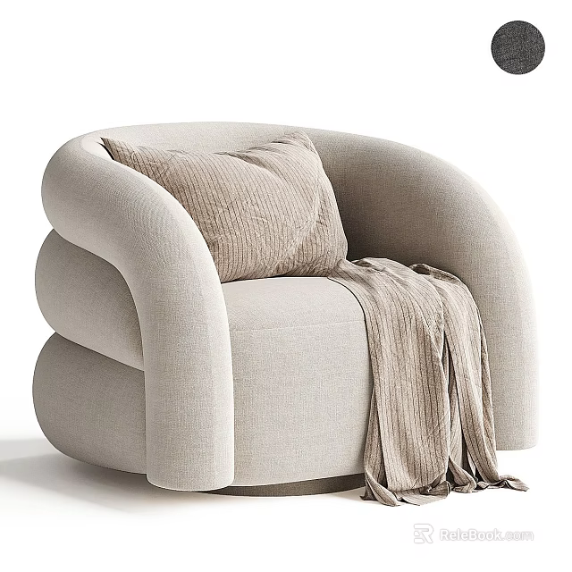 Cozy Beige Upholstered Lounge Chair with Soft Pillow and Knitted Blanket in Modern Rounded Design 3d model 