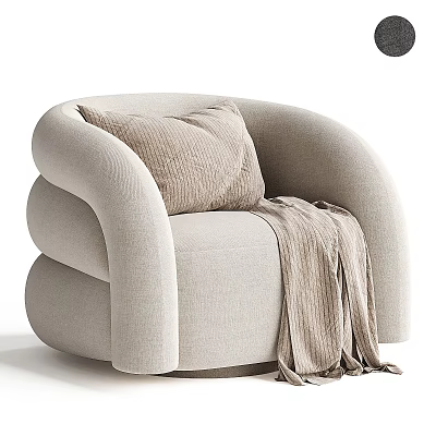 Cozy Beige Upholstered Lounge Chair with Soft Pillow and Knitted Blanket in Modern Rounded Design 3d model