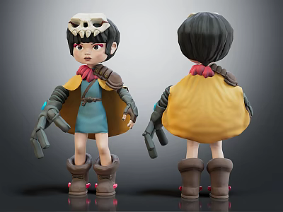 3D Cartoon Girl Character With Skull Hat Mechanical Arms Yellow Cloak Blue Dress 3d model