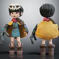 3D Cartoon Girl Character With Skull Hat Mechanical Arms Yellow Cloak Blue Dress
