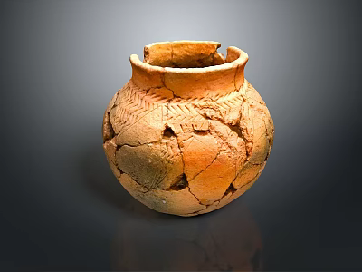 Ancient Handcrafted Clay Sculpture with Intricate Carved Patterns and Cracked Texture Design 3d model
